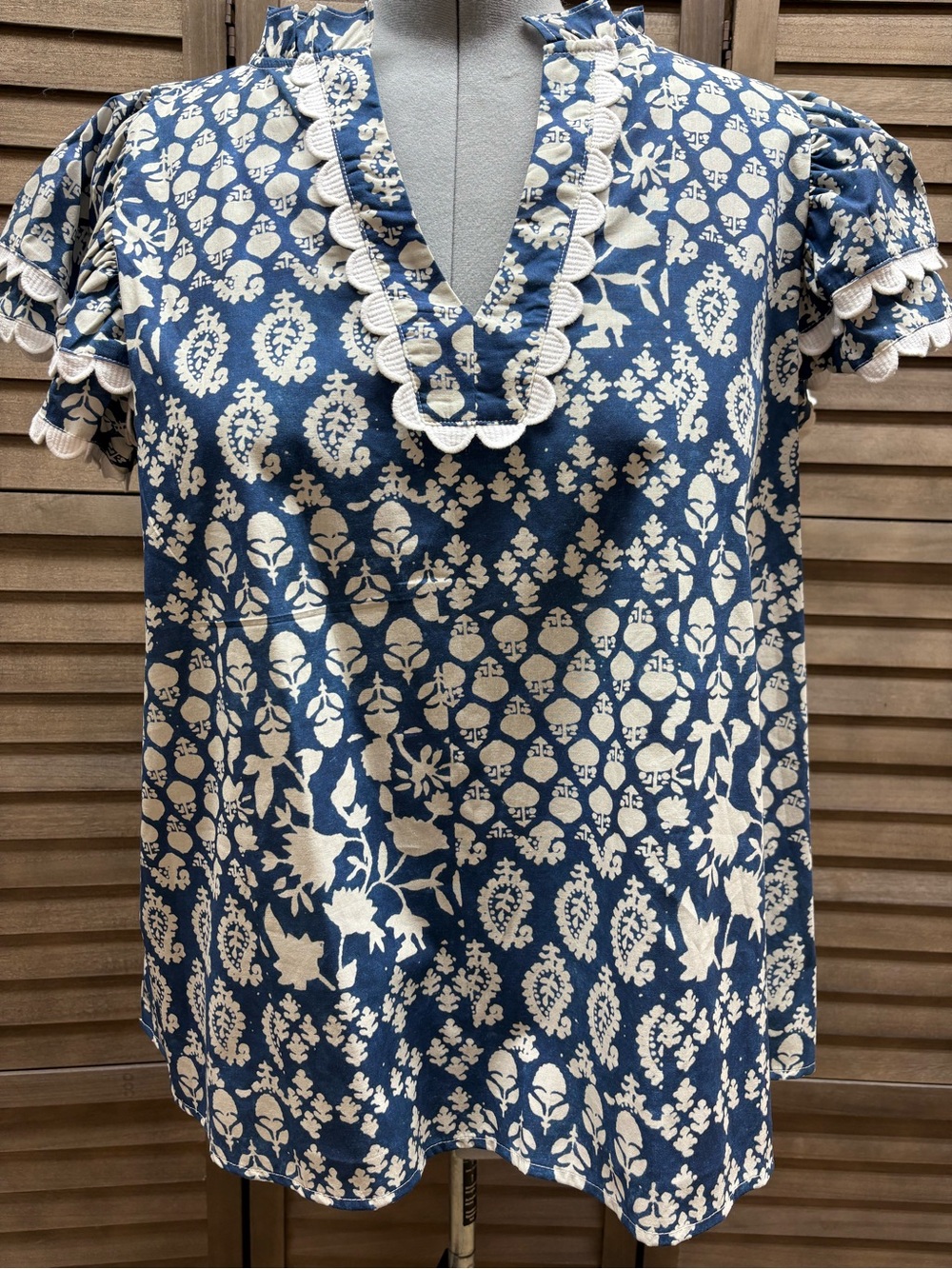 Chic Soul Navy and White Floral Ruffle V-Neck Blouse